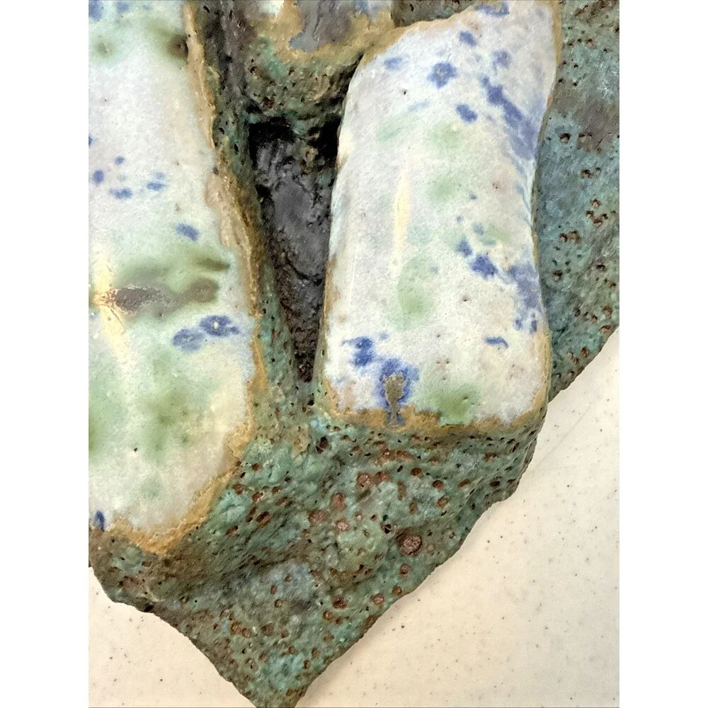 Art Pottery Wall Triple Pocket Hand Made Blue Green Speckle Neutral 9” X 9.75”